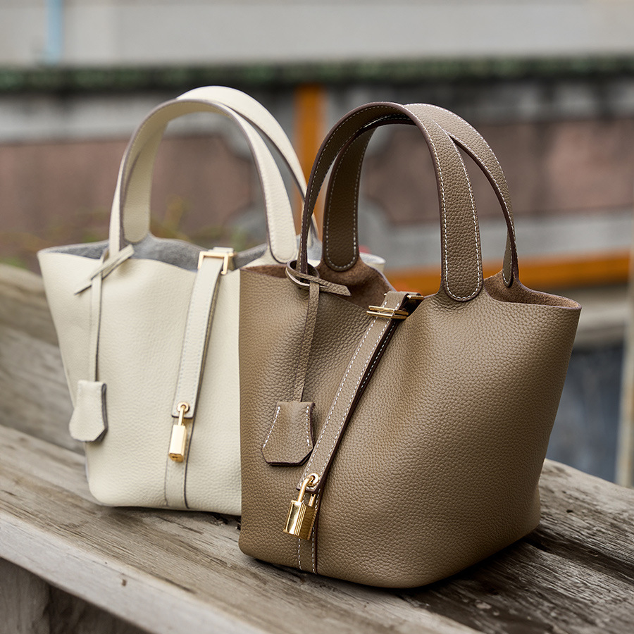 Women's Genuine Leather Silver Buckle Basket Bag