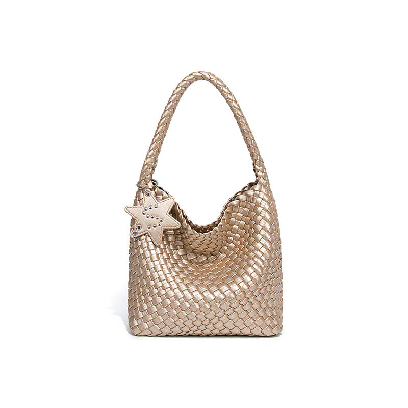 Woven Leather Shoulder Bag With Star Charm - Small
