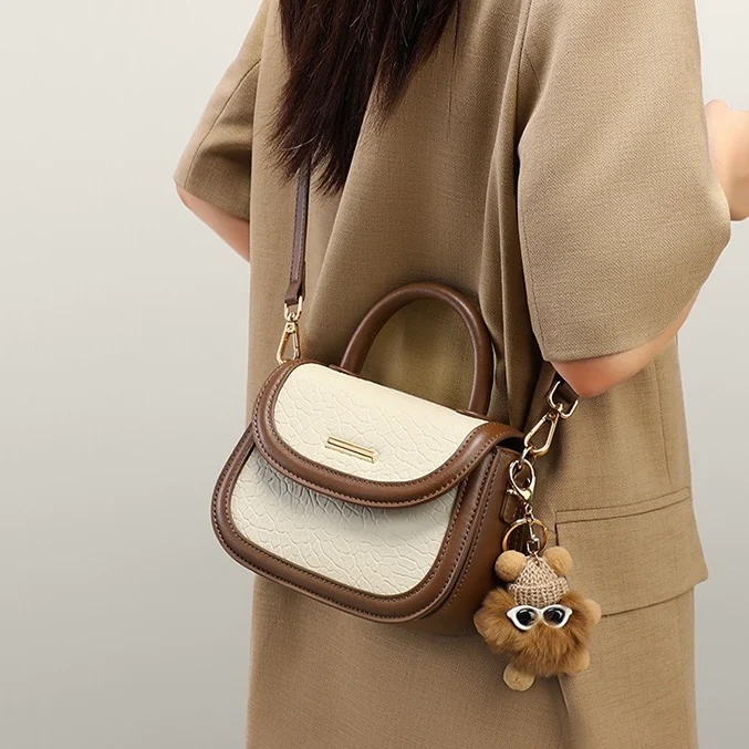 Genuine Leather Color Block Furry Pendant Handbag