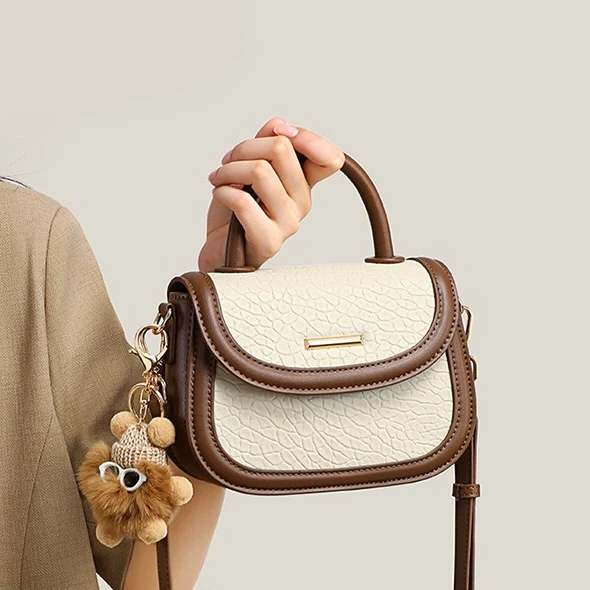 Genuine Leather Color Block Furry Pendant Handbag