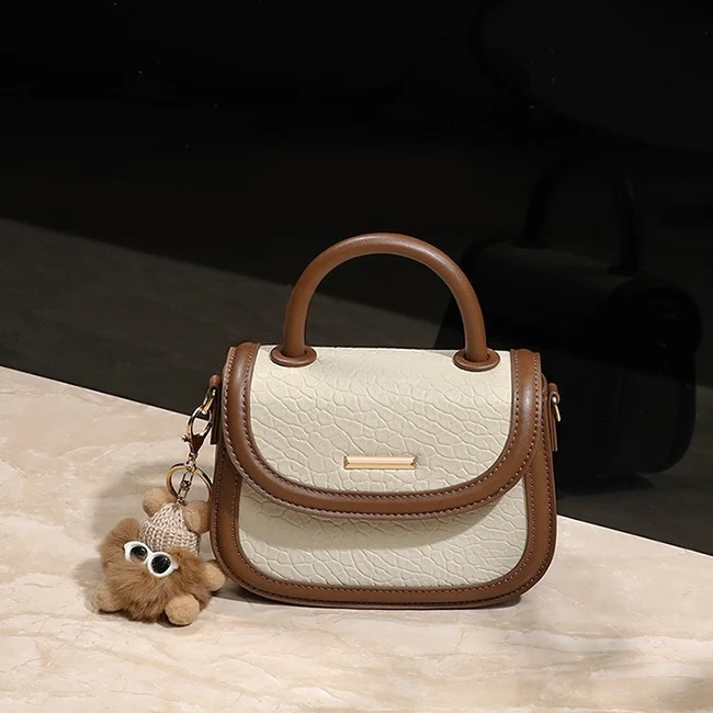 Genuine Leather Color Block Furry Pendant Handbag