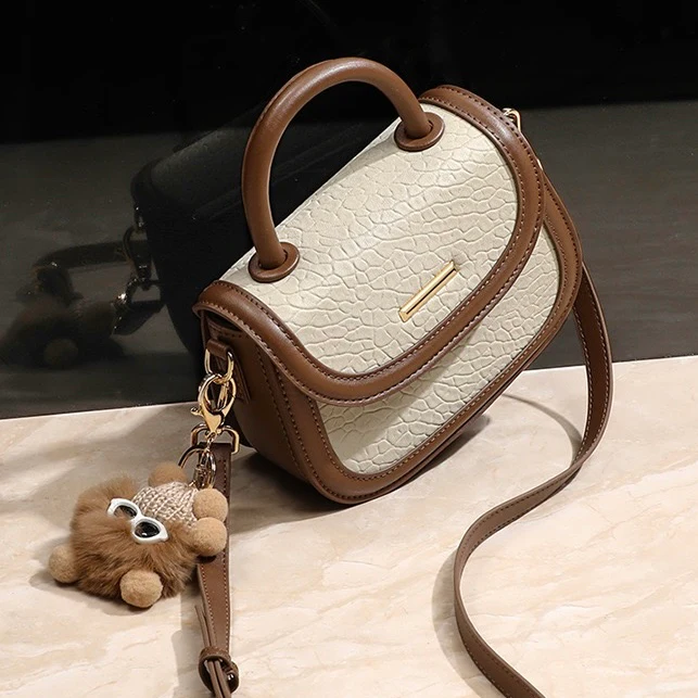 Genuine Leather Color Block Furry Pendant Handbag