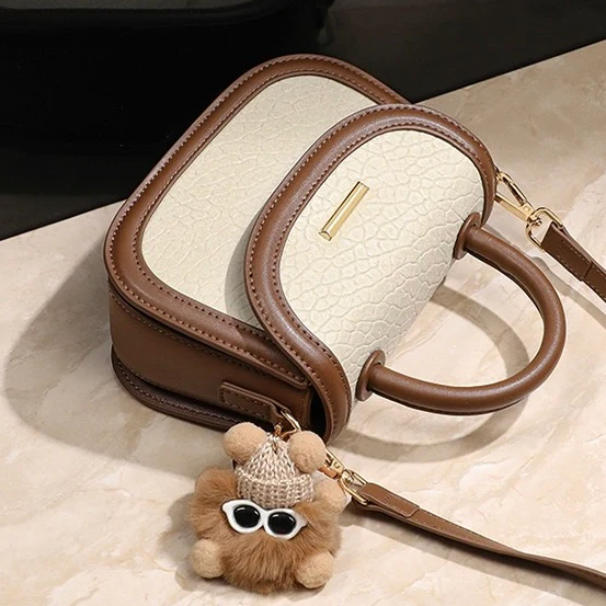Genuine Leather Color Block Furry Pendant Handbag