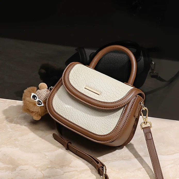 Genuine Leather Color Block Furry Pendant Handbag