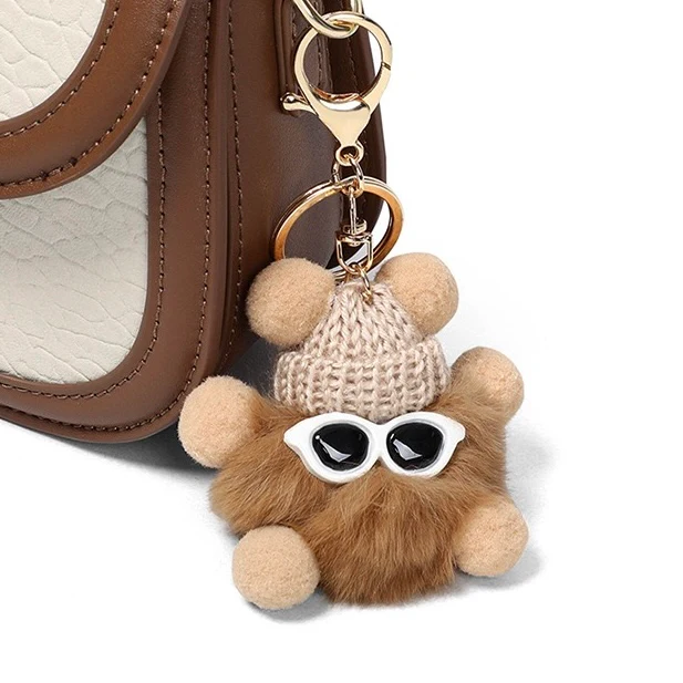 Genuine Leather Color Block Furry Pendant Handbag