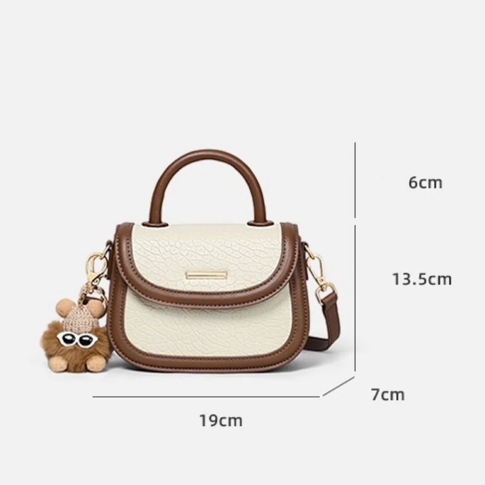 Genuine Leather Color Block Furry Pendant Handbag