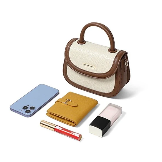 Genuine Leather Color Block Furry Pendant Handbag