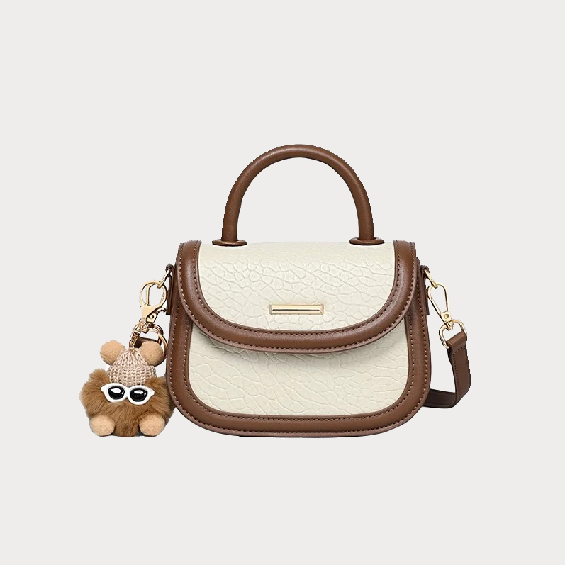 Genuine Leather Color Block Furry Pendant Handbag