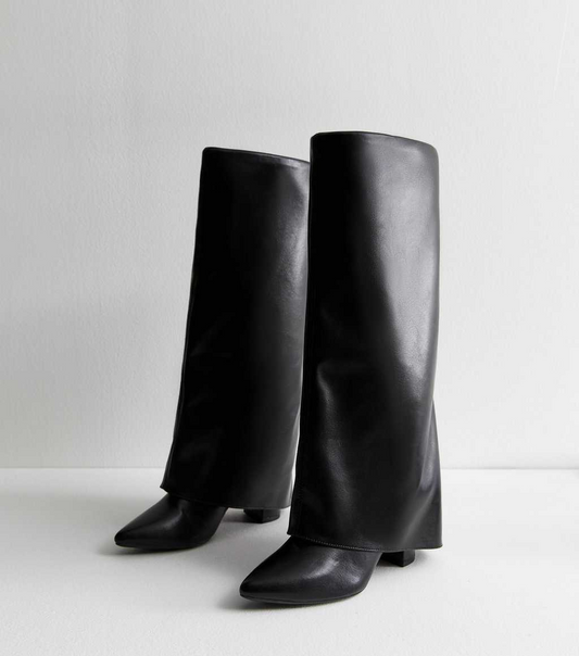 Black Foldover Leather Look Knee High Boots