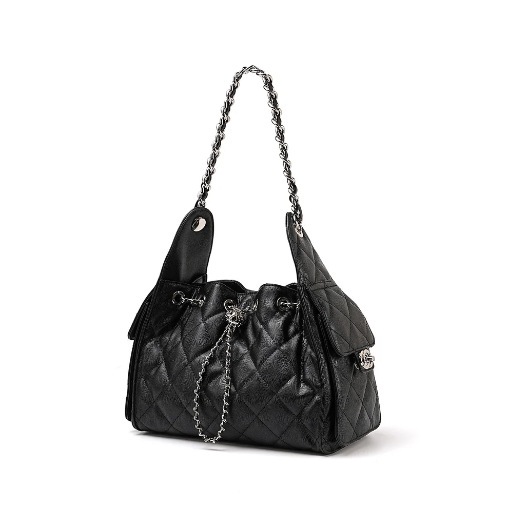 Genuine Leather Caviar Pattern Large Capacity Bucket Crossbody Bag