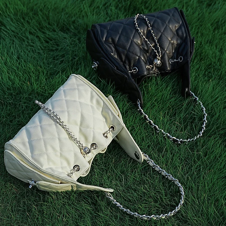 Genuine Leather Caviar Pattern Large Capacity Bucket Crossbody Bag