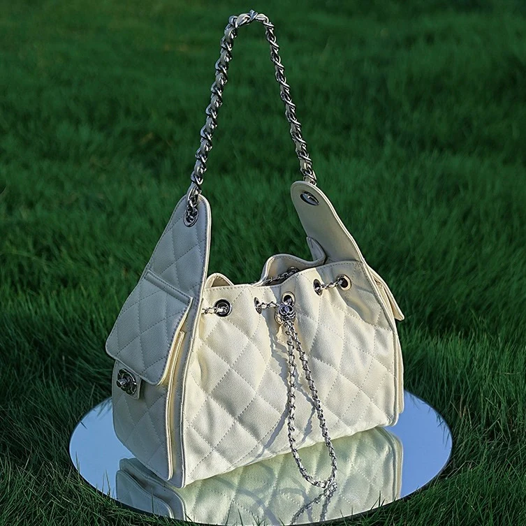 Genuine Leather Caviar Pattern Large Capacity Bucket Crossbody Bag