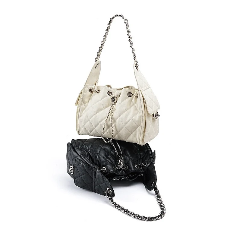 Genuine Leather Caviar Pattern Large Capacity Bucket Crossbody Bag