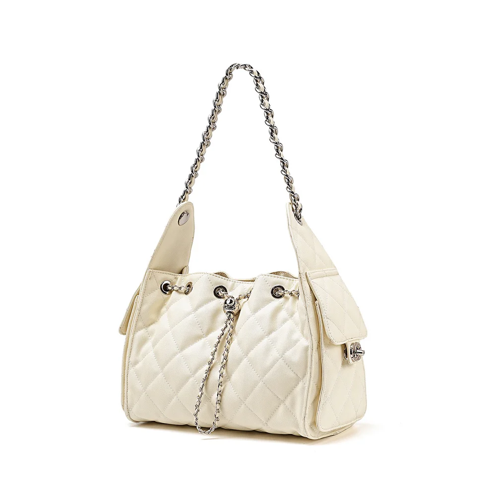 Genuine Leather Caviar Pattern Large Capacity Bucket Crossbody Bag