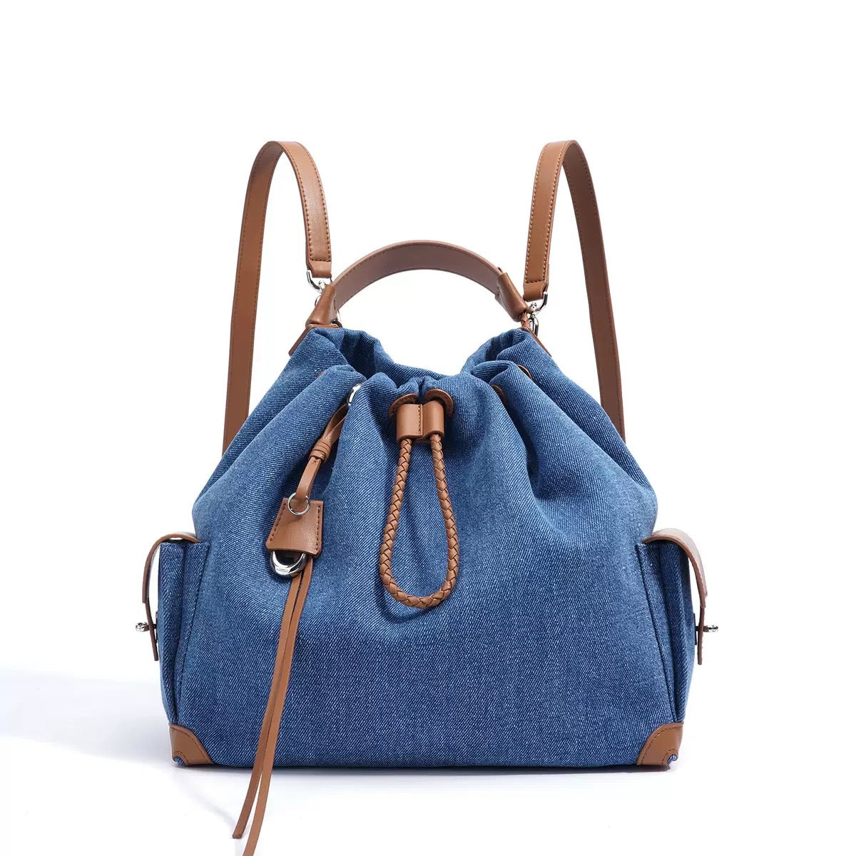 Genuine Leather Denim Patchwork Cool Travel Backpack