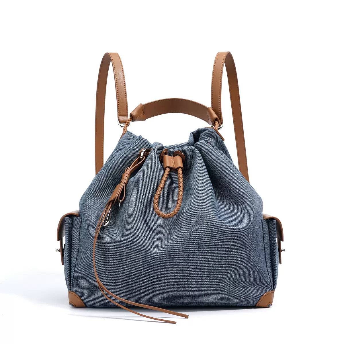 Genuine Leather Denim Patchwork Cool Travel Backpack