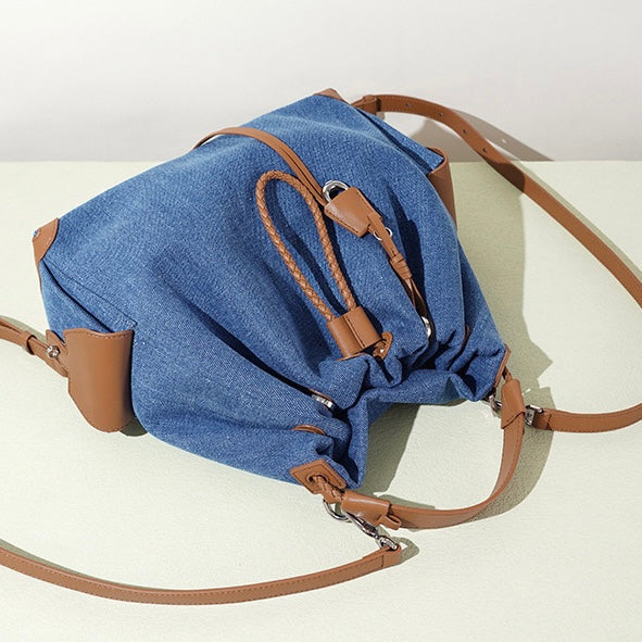 Genuine Leather Denim Patchwork Cool Travel Backpack