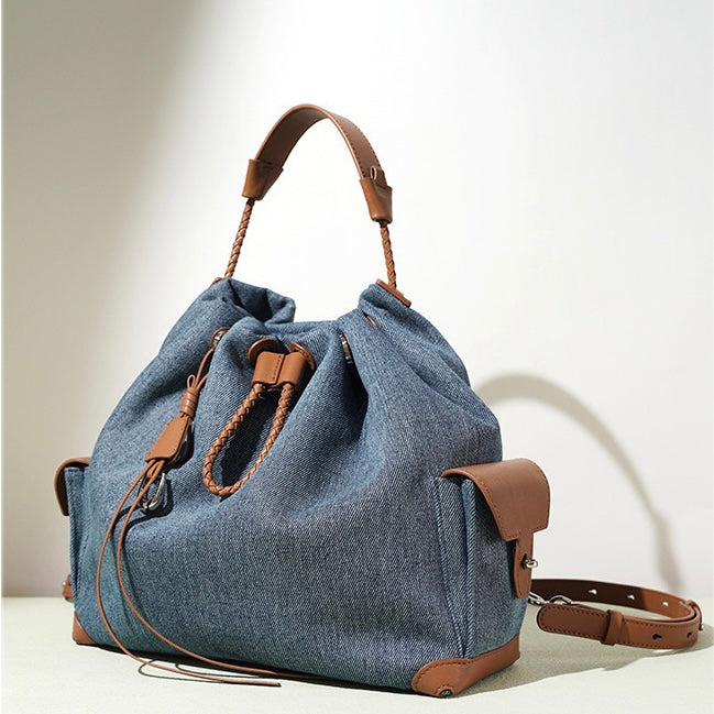 Genuine Leather Denim Patchwork Cool Travel Backpack