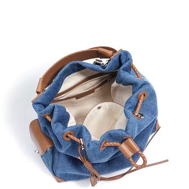 Genuine Leather Denim Patchwork Cool Travel Backpack