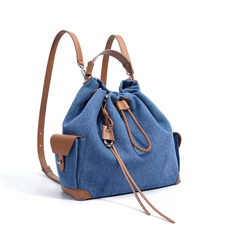 Genuine Leather Denim Patchwork Cool Travel Backpack