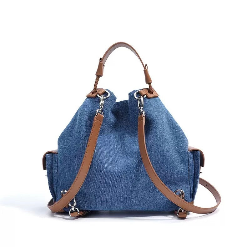 Genuine Leather Denim Patchwork Cool Travel Backpack