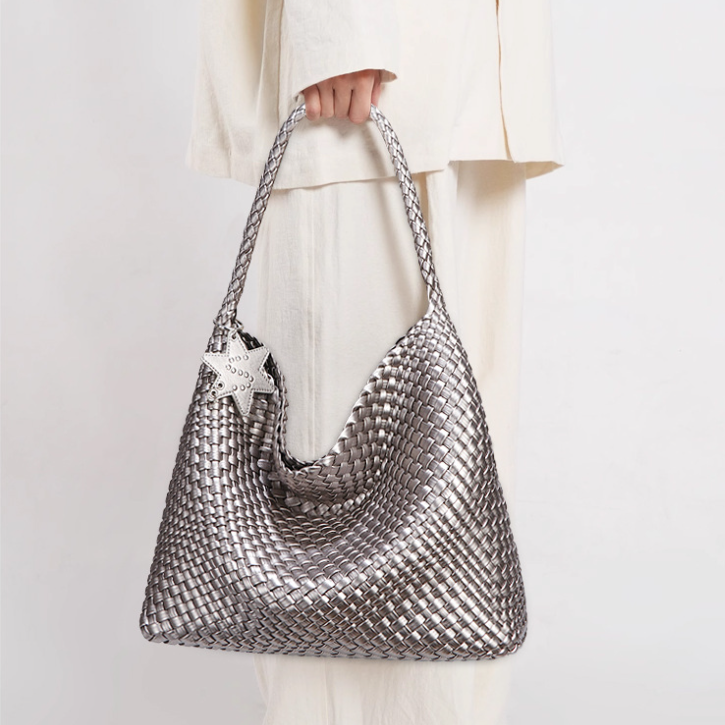 Woven Leather Shoulder Bag With Star Charm - Large
