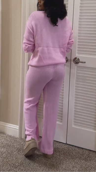 Solid Color V-neck Cardigan And Elastic Waist Wide-leg Pants Two-piece Set