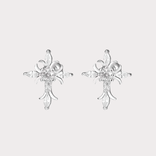 Ohrstecker mit floralem Kreuz aus Sterlingsilber mit Kugelverschluss