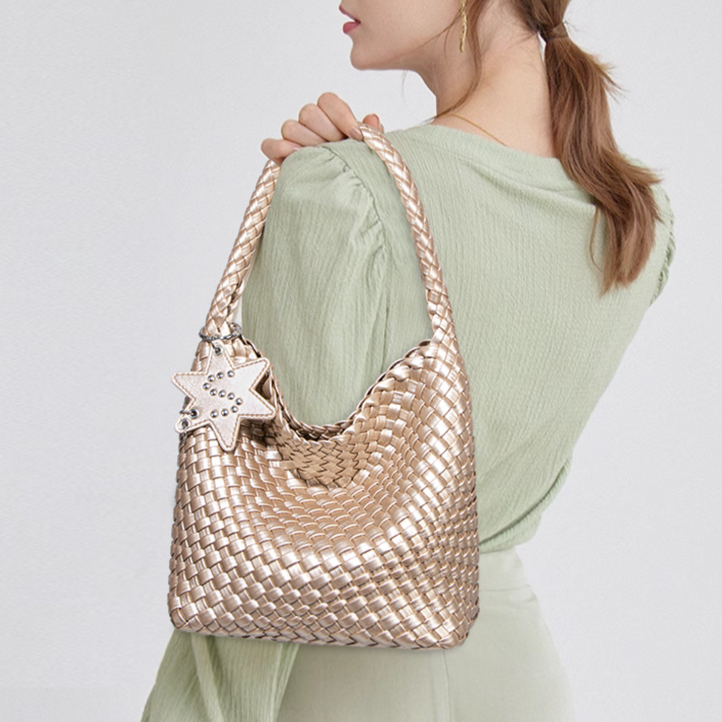Woven Leather Shoulder Bag With Star Charm - Small