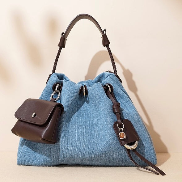 Genuine Leather Denim Patchwork Cool Hobo Bag
