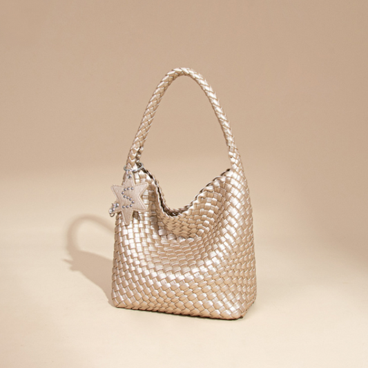 Woven Leather Shoulder Bag With Star Charm - Small