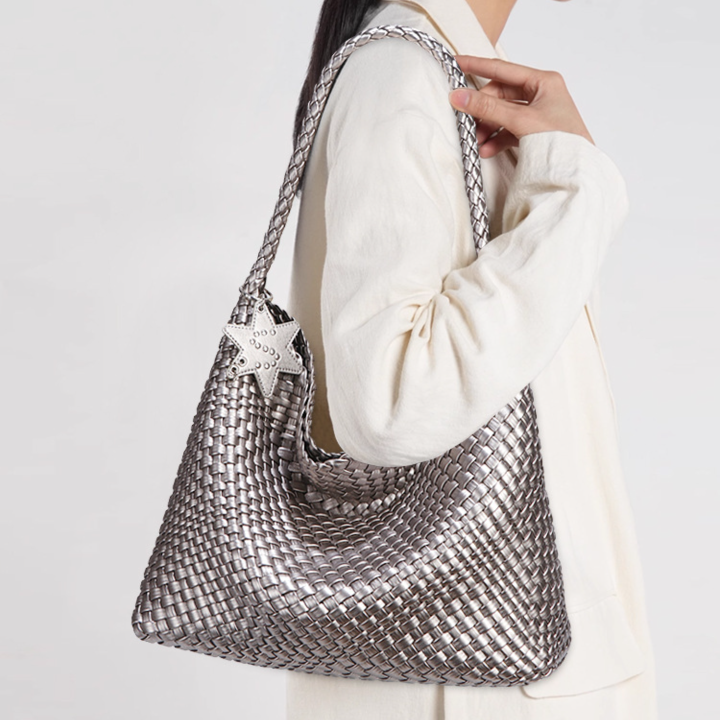 Woven Leather Shoulder Bag With Star Charm - Large