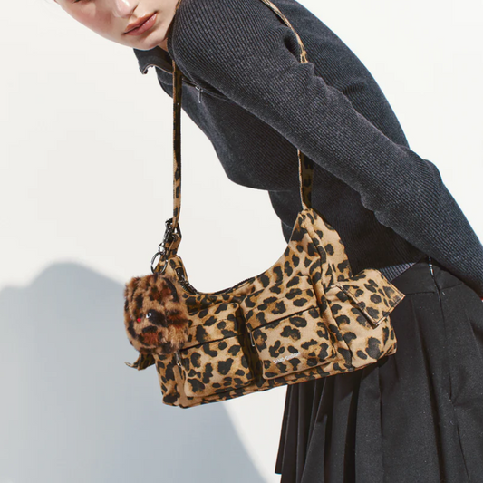 Double Pocket Denim Leopard Print Bag