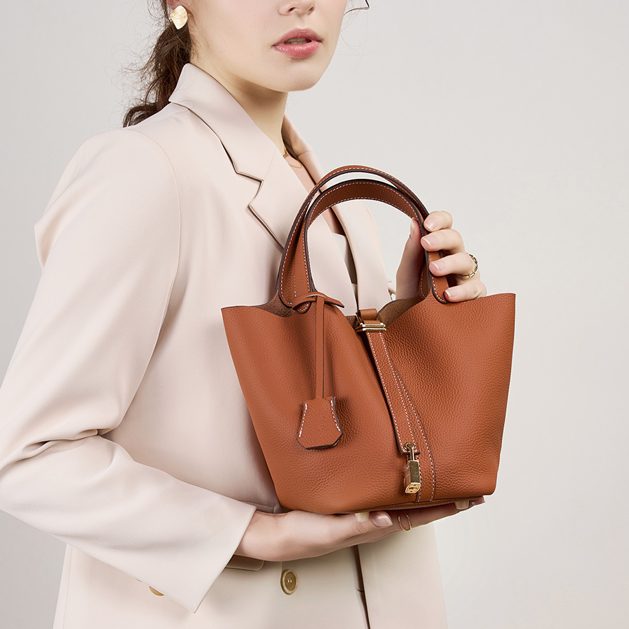 Women's Genuine Leather Silver Buckle Basket Bag