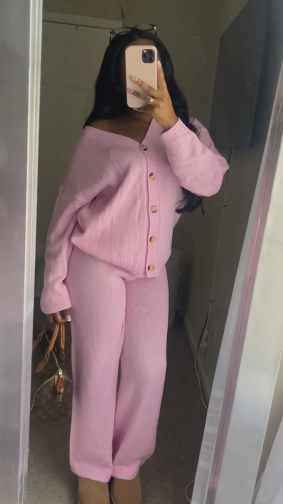 Solid Color V-neck Cardigan And Elastic Waist Wide-leg Pants Two-piece Set