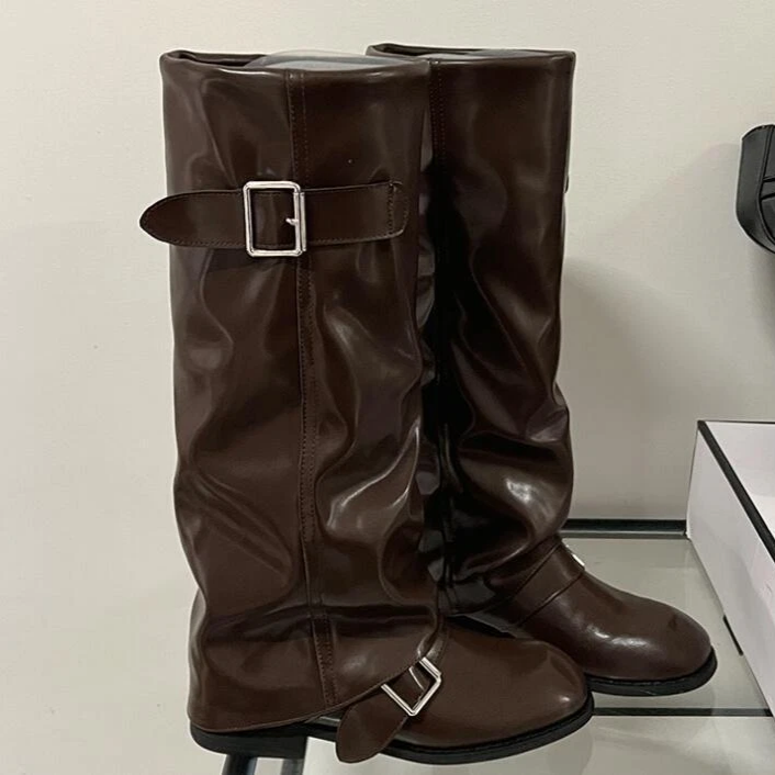 Round Toe Buckle Strap Cuffed Knee Boots