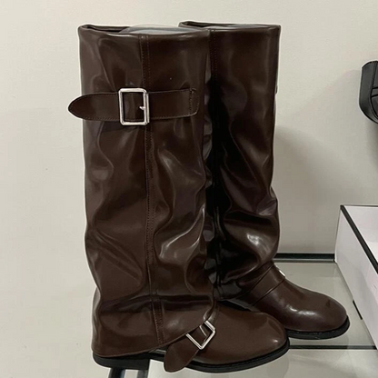 Round Toe Buckle Strap Cuffed Knee Boots