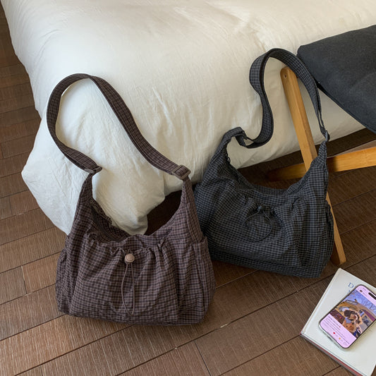 Plaid Drawstring Large Capacity Shoulder Bag