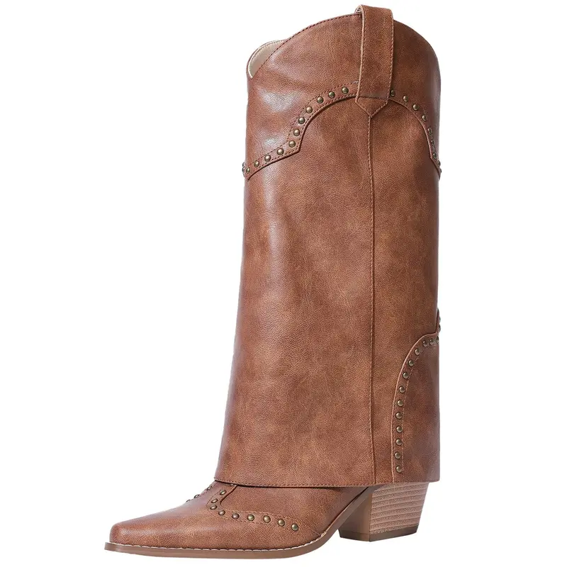 Shark Fold Over Mid Calf Chunky Heel Studded Boots