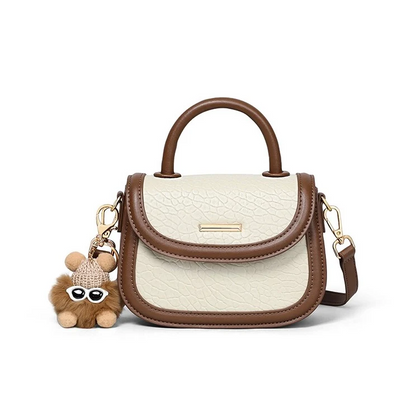 Genuine Leather Color Block Furry Pendant Handbag