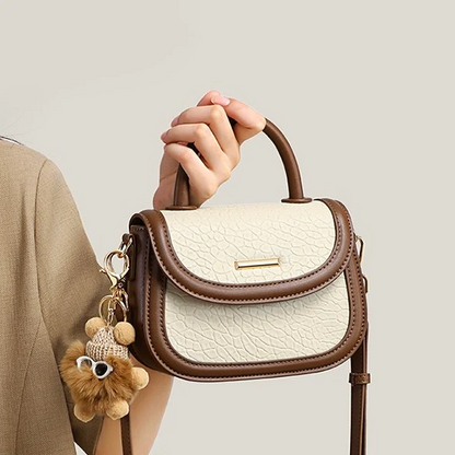 Genuine Leather Color Block Furry Pendant Handbag