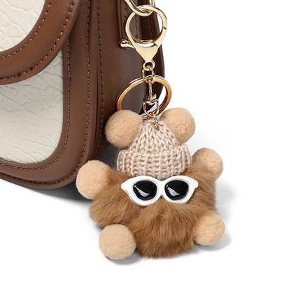 Genuine Leather Color Block Furry Pendant Handbag