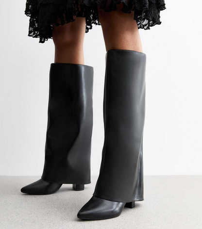 Black Foldover Leather Look Knee High Boots