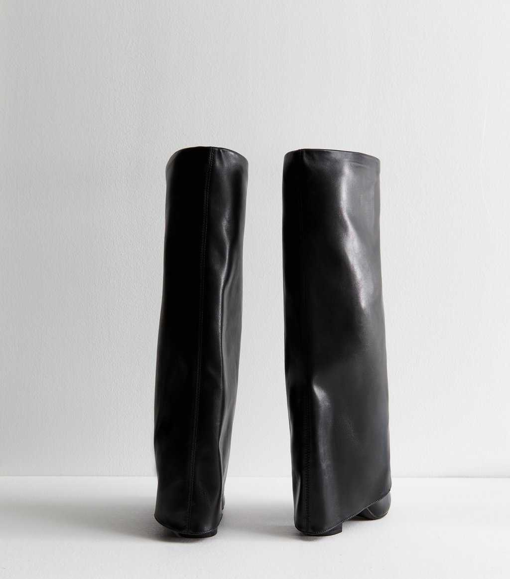 Black Foldover Leather Look Knee High Boots
