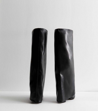 Black Foldover Leather Look Knee High Boots