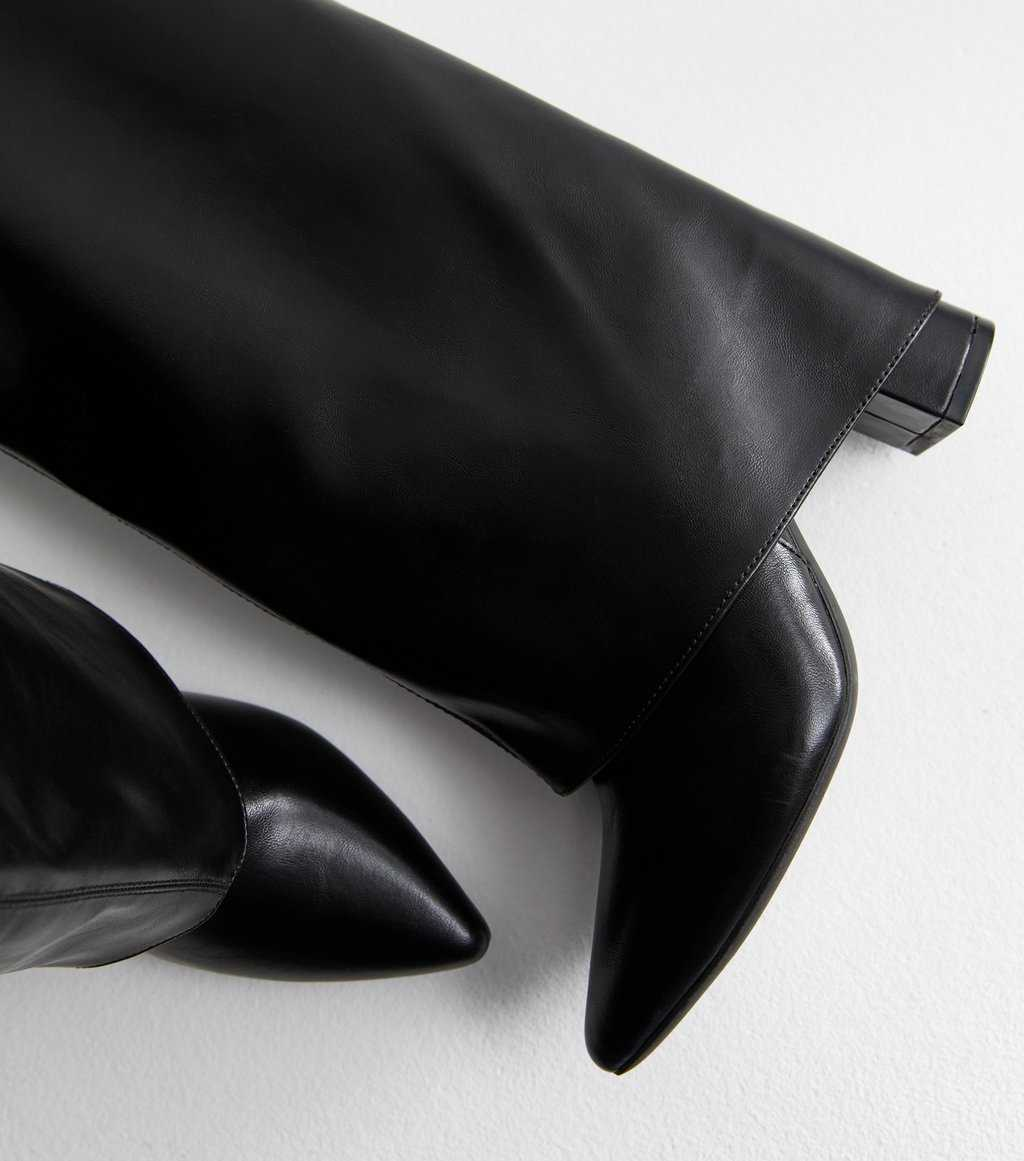 Black Foldover Leather Look Knee High Boots