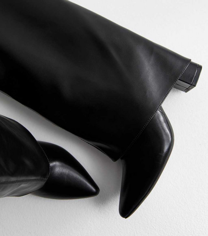 Black Foldover Leather Look Knee High Boots