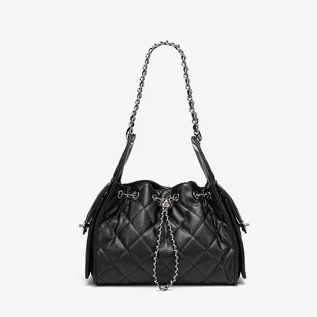 Genuine Leather Caviar Pattern Large Capacity Bucket Crossbody Bag