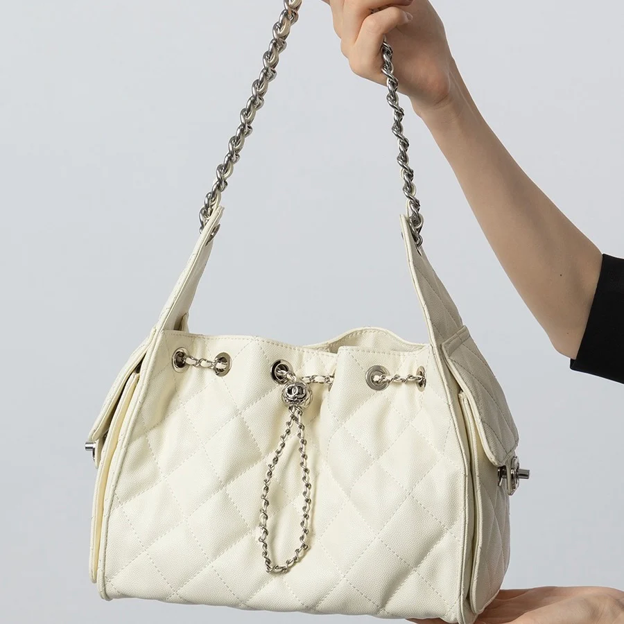 Genuine Leather Caviar Pattern Large Capacity Bucket Crossbody Bag