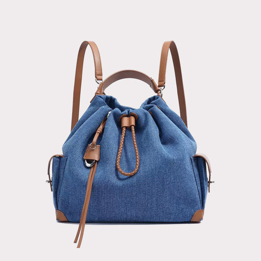 Genuine Leather Denim Patchwork Cool Travel Backpack